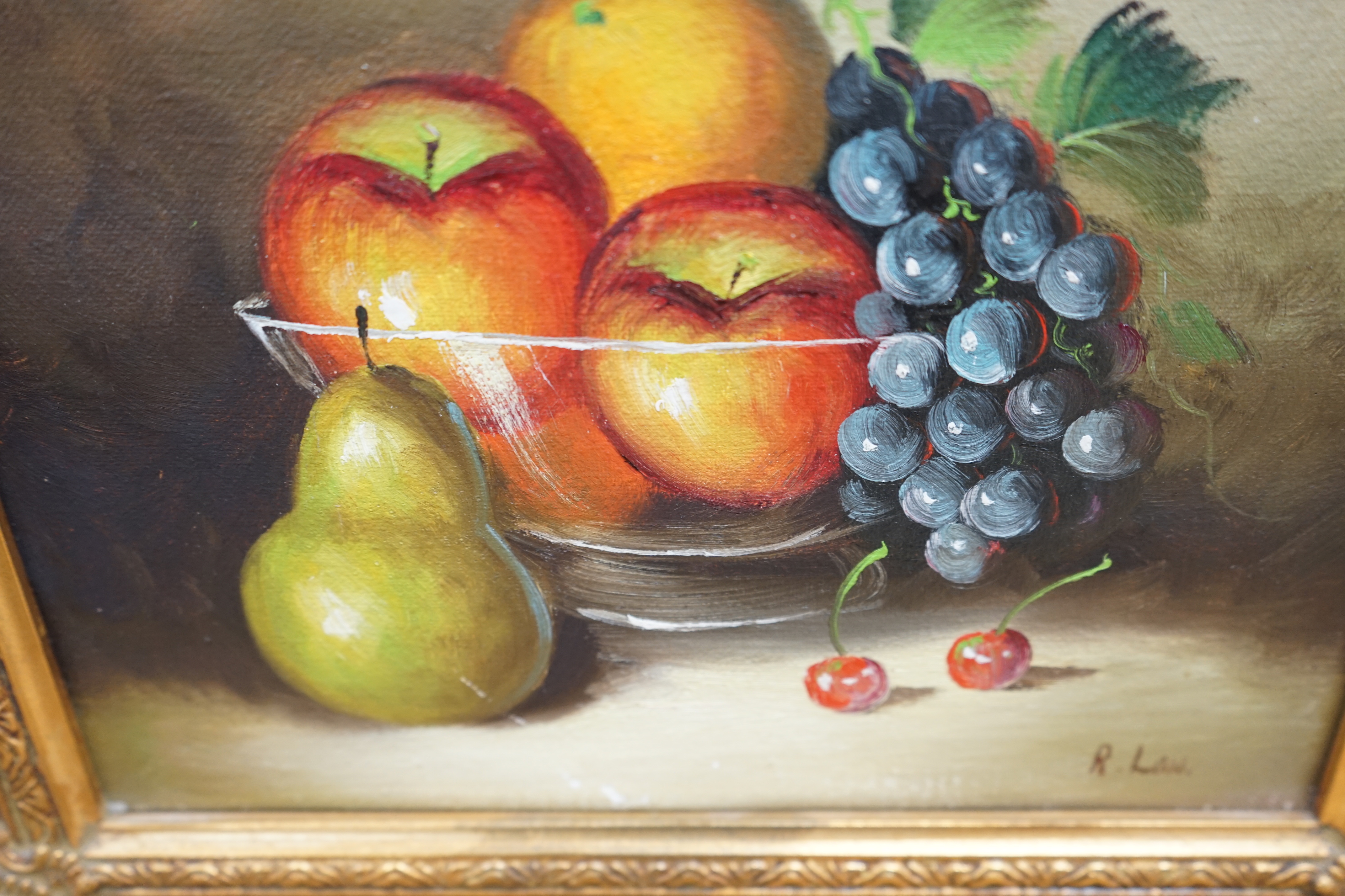 R Law, oil on canvas, Still life of fruit, signed, 20 x 24cm